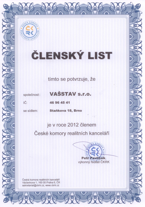 Certifikát České komory realitních kanceláří